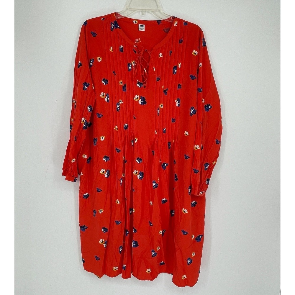 Old Navy Women's Orange Floral Pleated Tie Neck Long Sleeve Shift Dress Size 2X